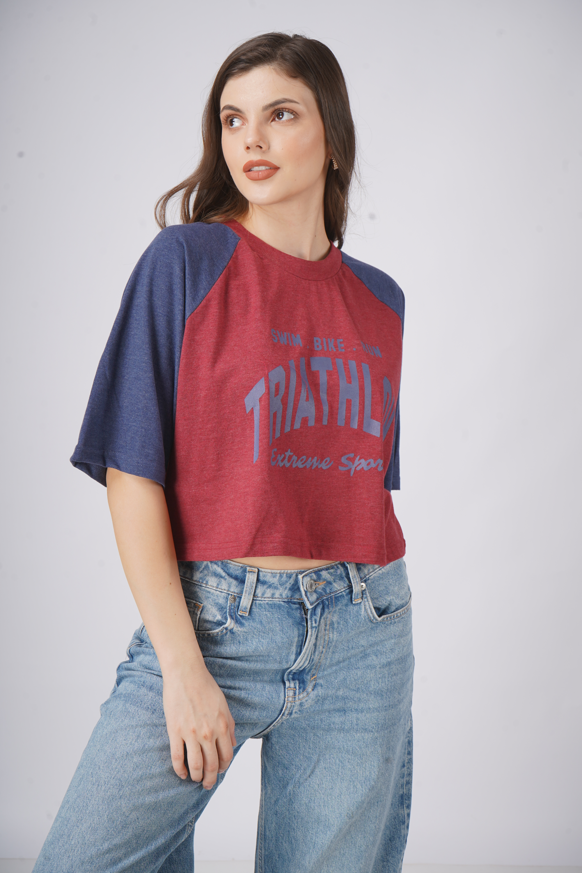 Gym Rat - Oversized Cropped T shirt - Maroon & Navy Blue