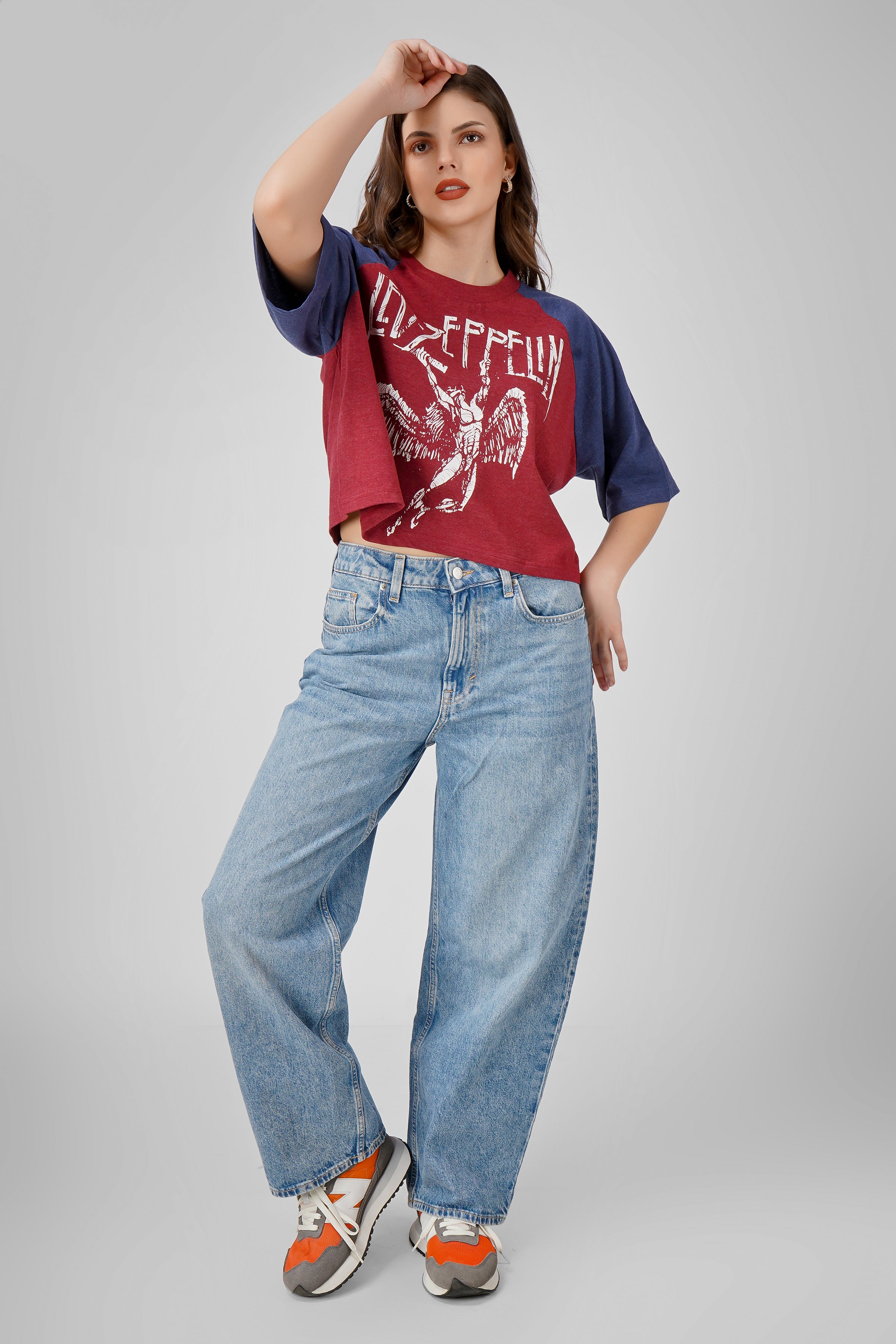 Led Zeppelin - Oversized Cropped T shirt - Maroon & Navy Blue
