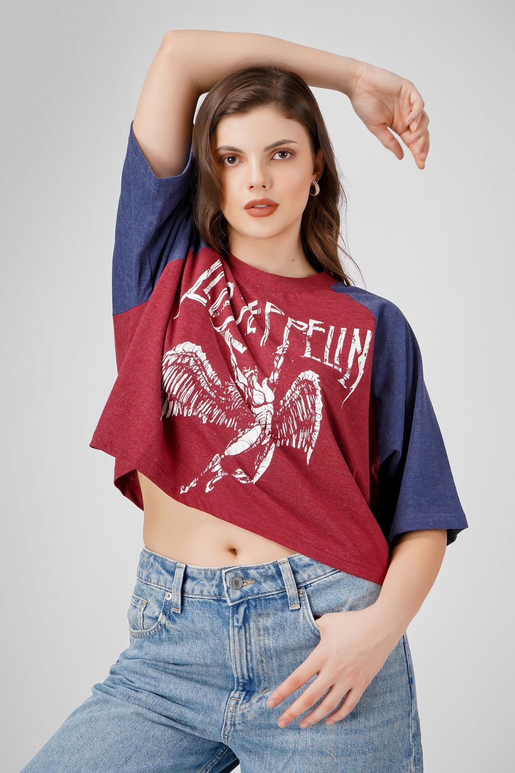 Led Zeppelin - Oversized Cropped T shirt - Maroon & Navy Blue