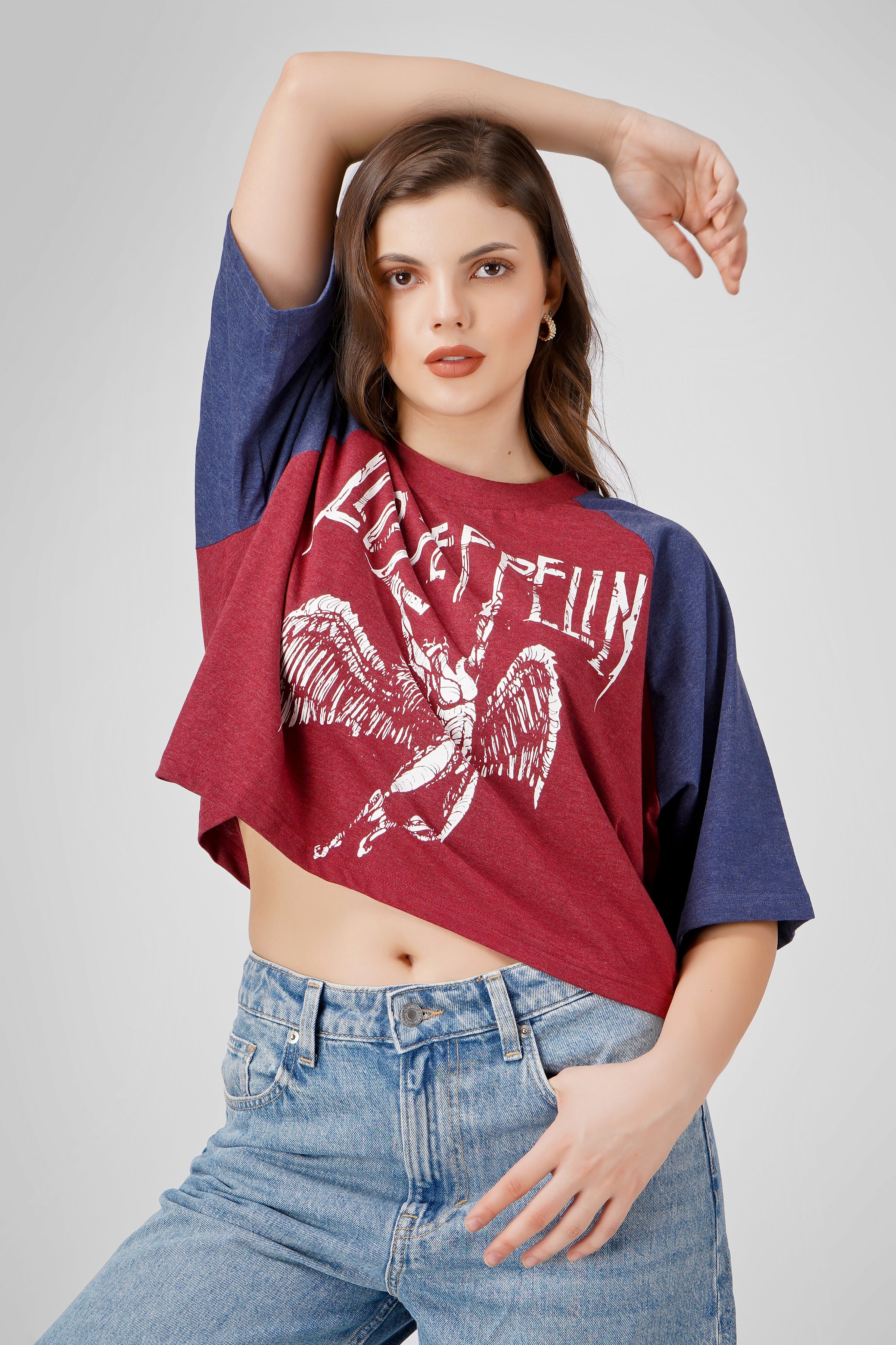 Led Zeppelin - Oversized Cropped T shirt - Maroon & Navy Blue