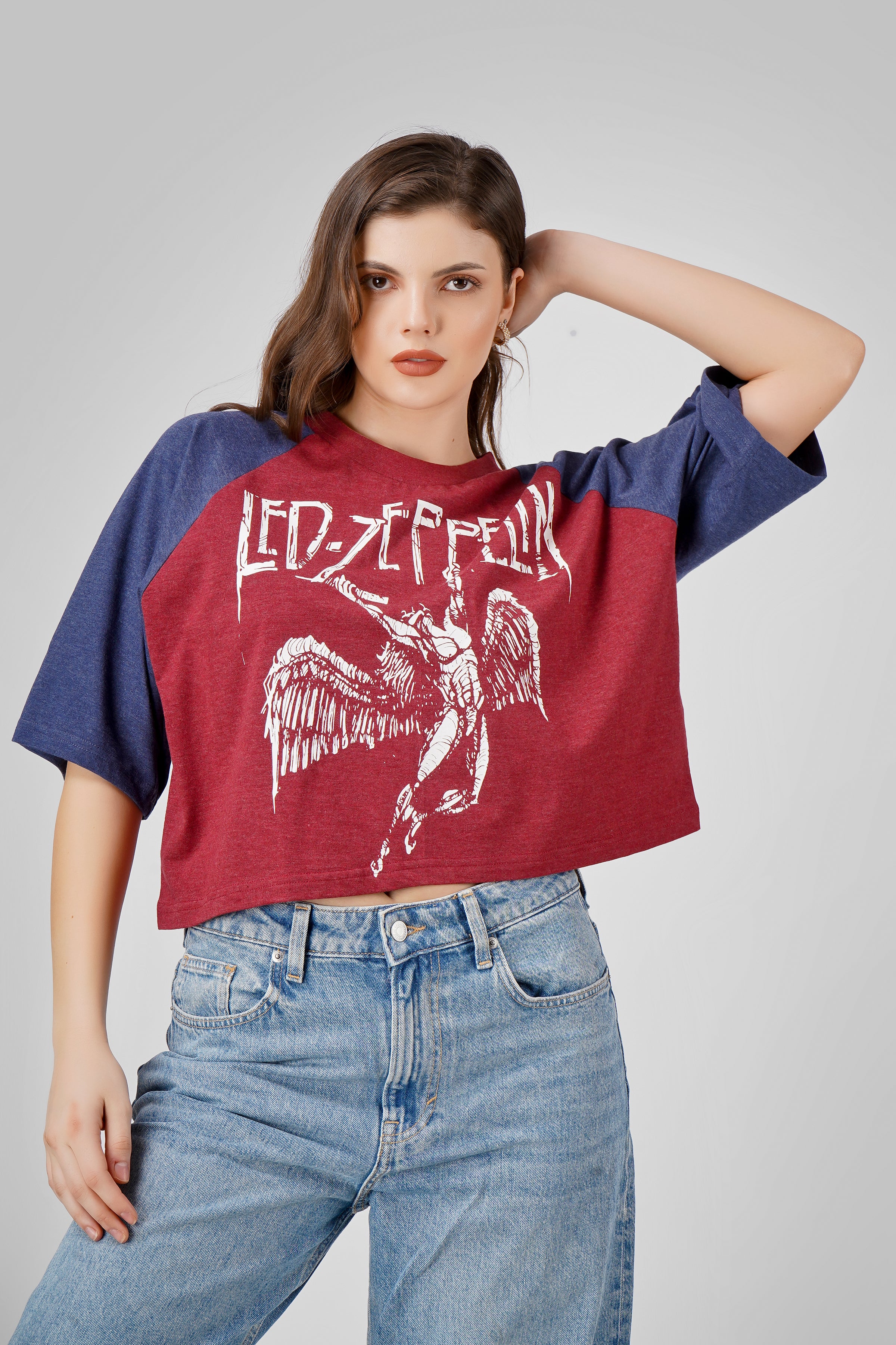 Led Zeppelin - Oversized Cropped T shirt - Maroon & Navy Blue