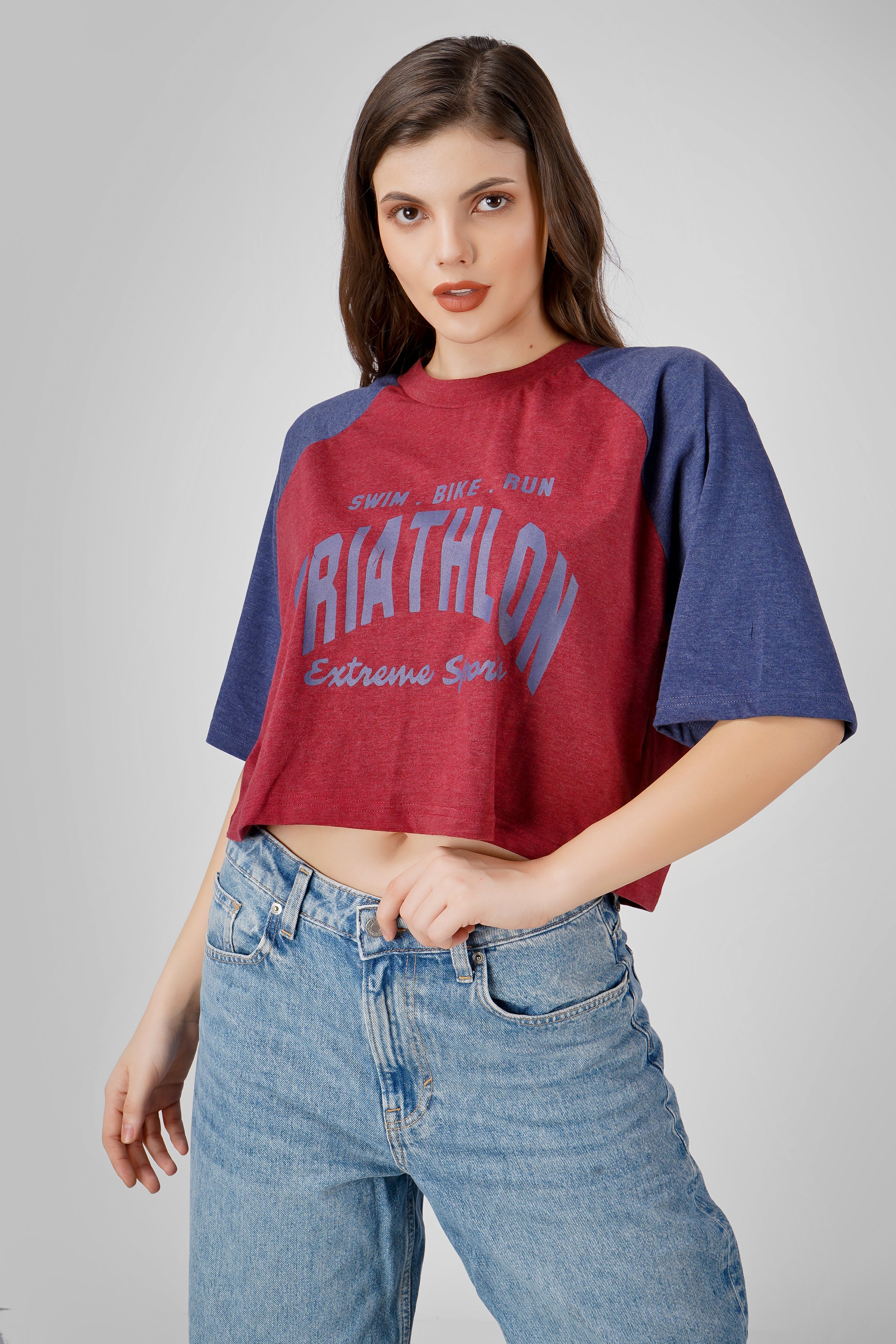 Gym Rat - Oversized Cropped T shirt - Maroon & Navy Blue