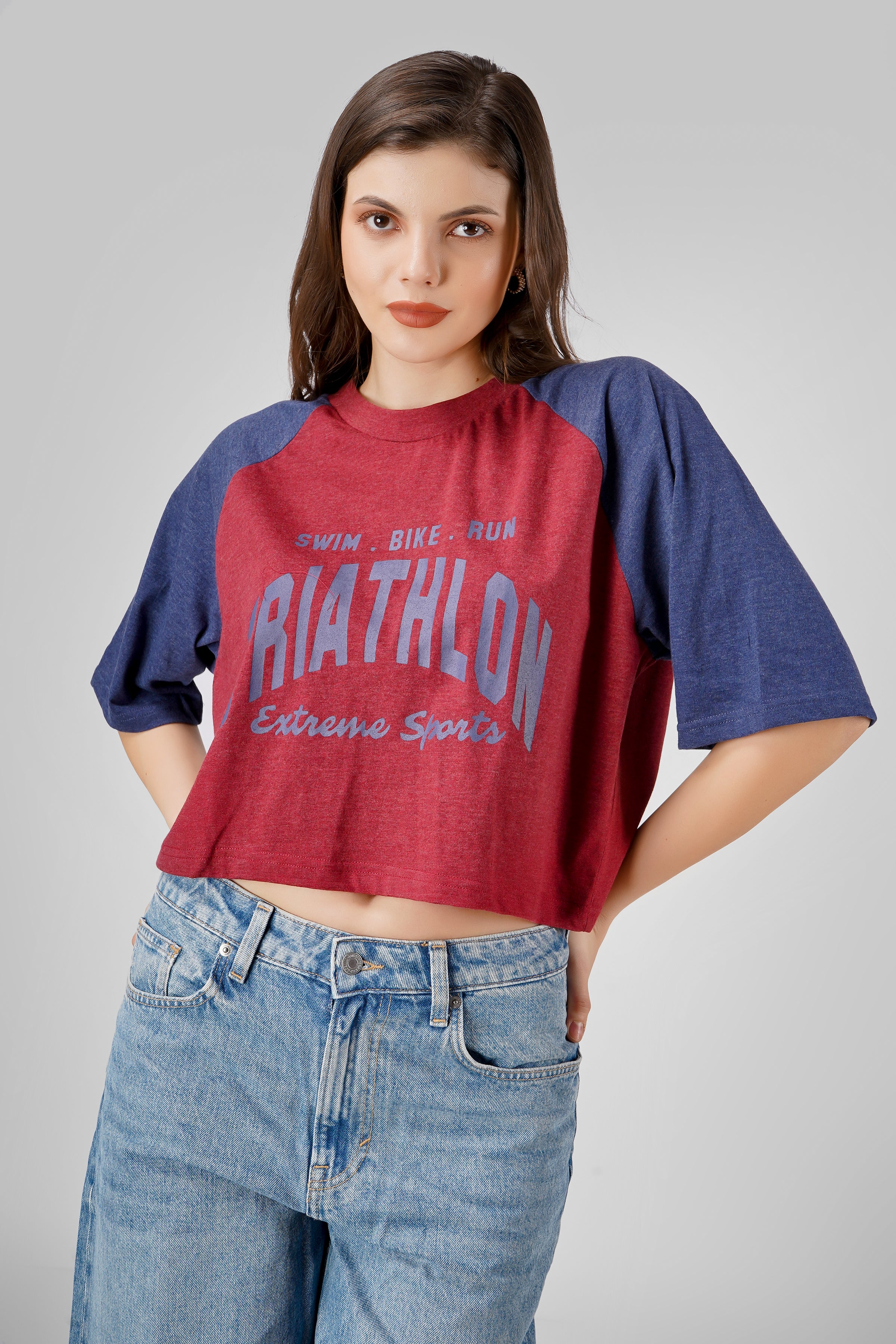 Gym Rat - Oversized Cropped T shirt - Maroon & Navy Blue