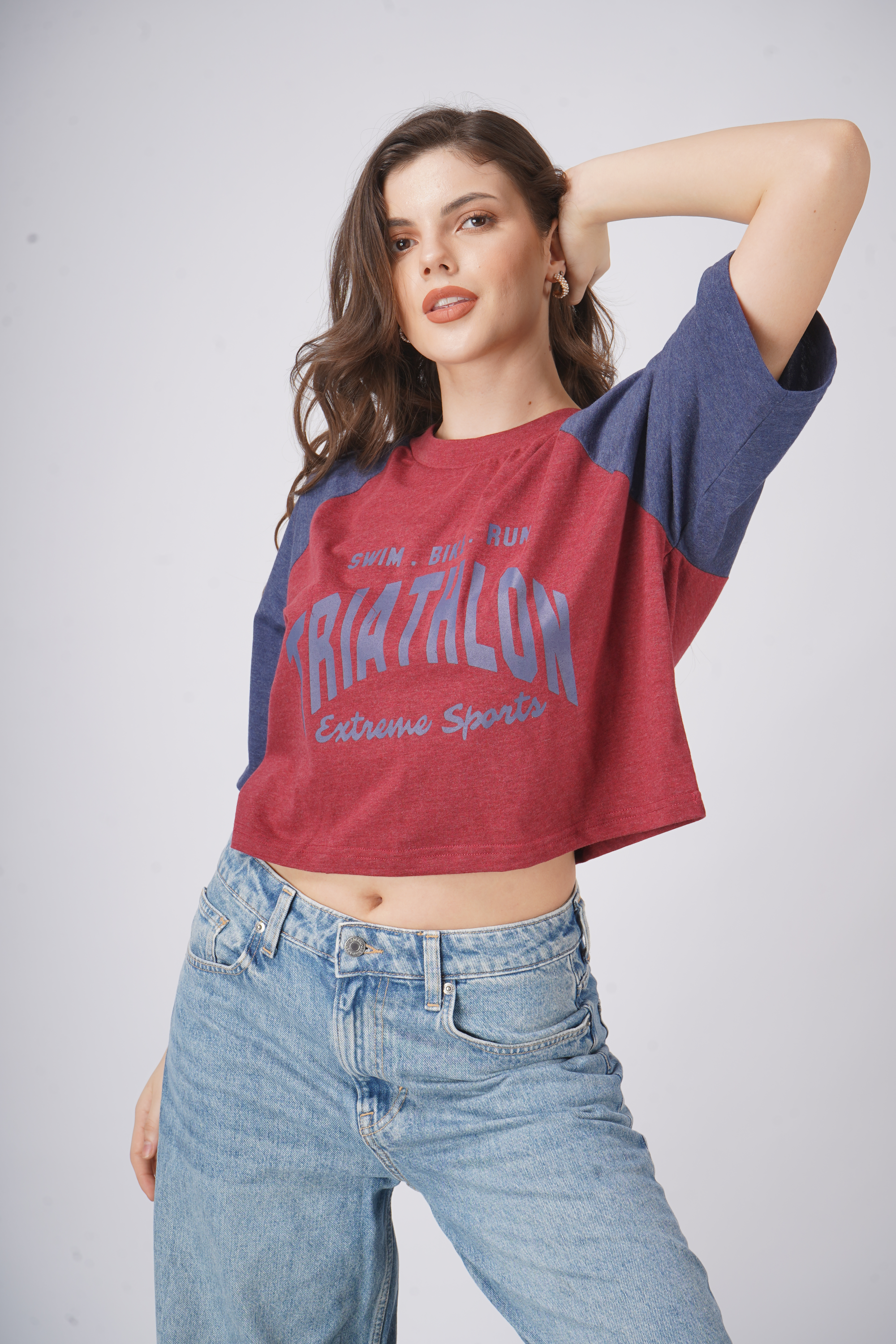 Gym Rat - Oversized Cropped T shirt - Maroon & Navy Blue