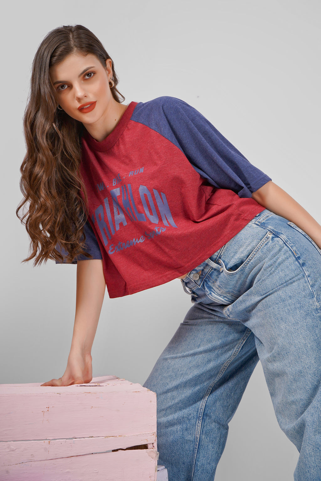Gym Rat - Oversized Cropped T shirt - Maroon & Navy Blue