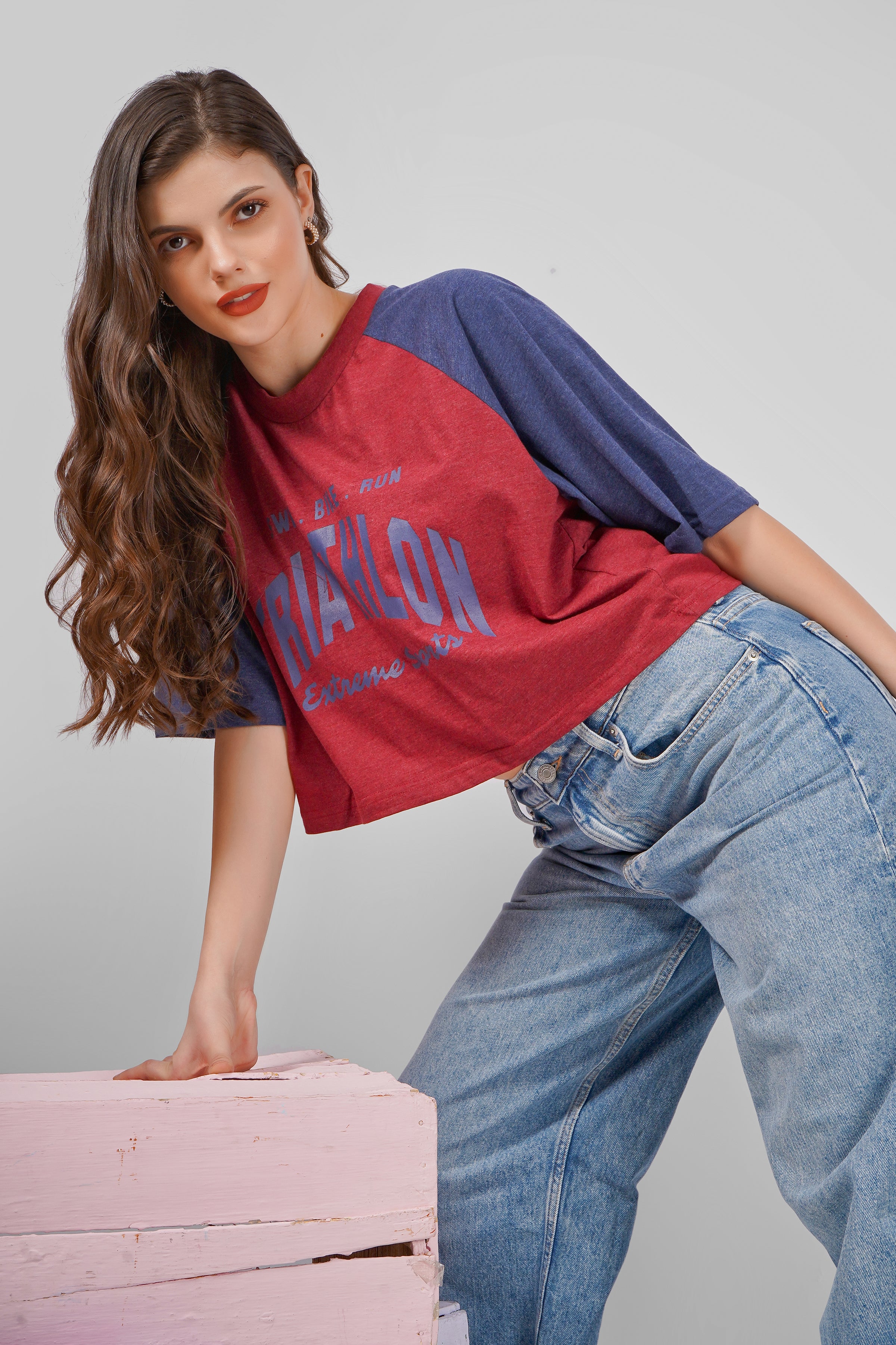 Gym Rat - Oversized Cropped T shirt - Maroon & Navy Blue