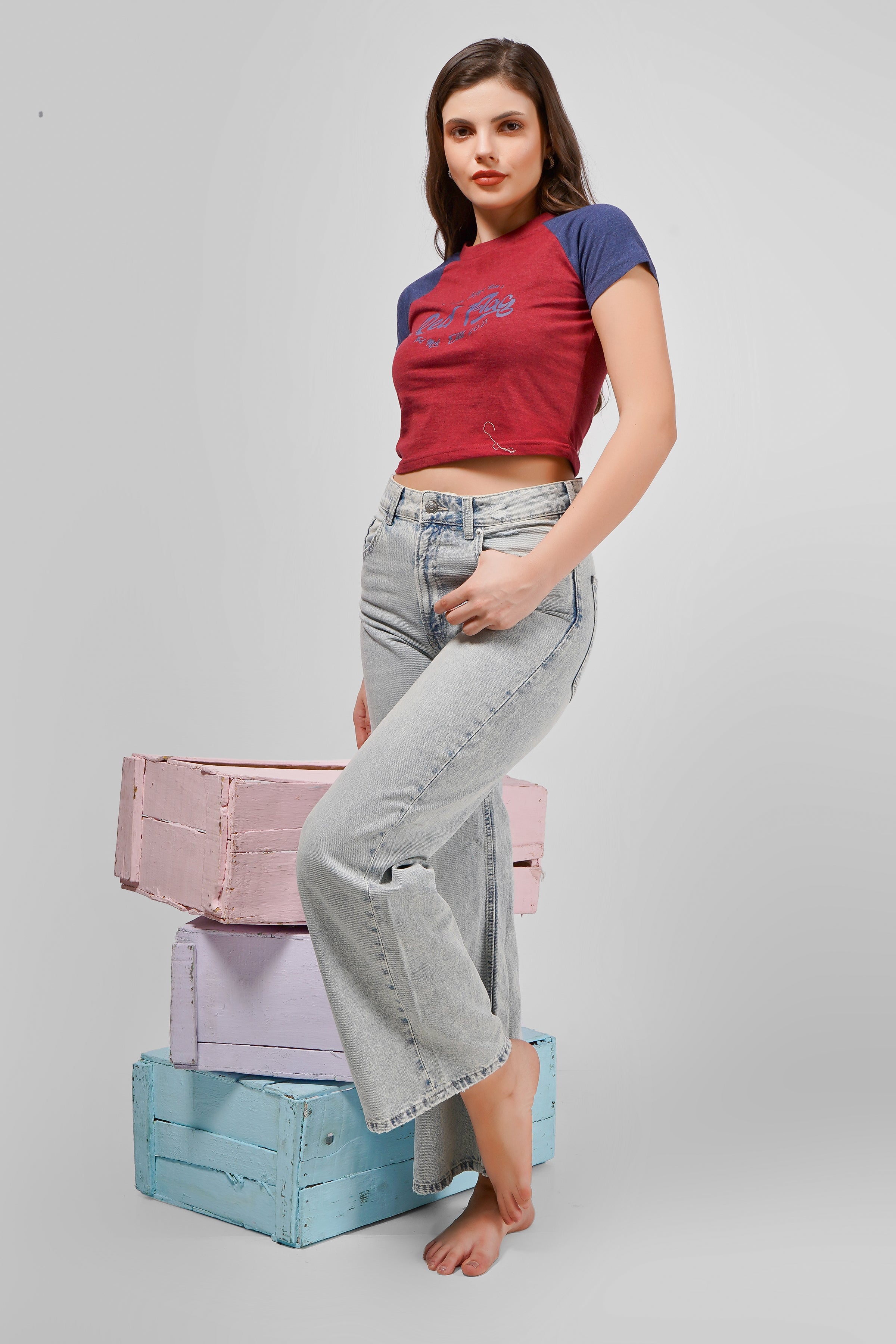 Raglan Crop T Shirt - Maroon and Navy