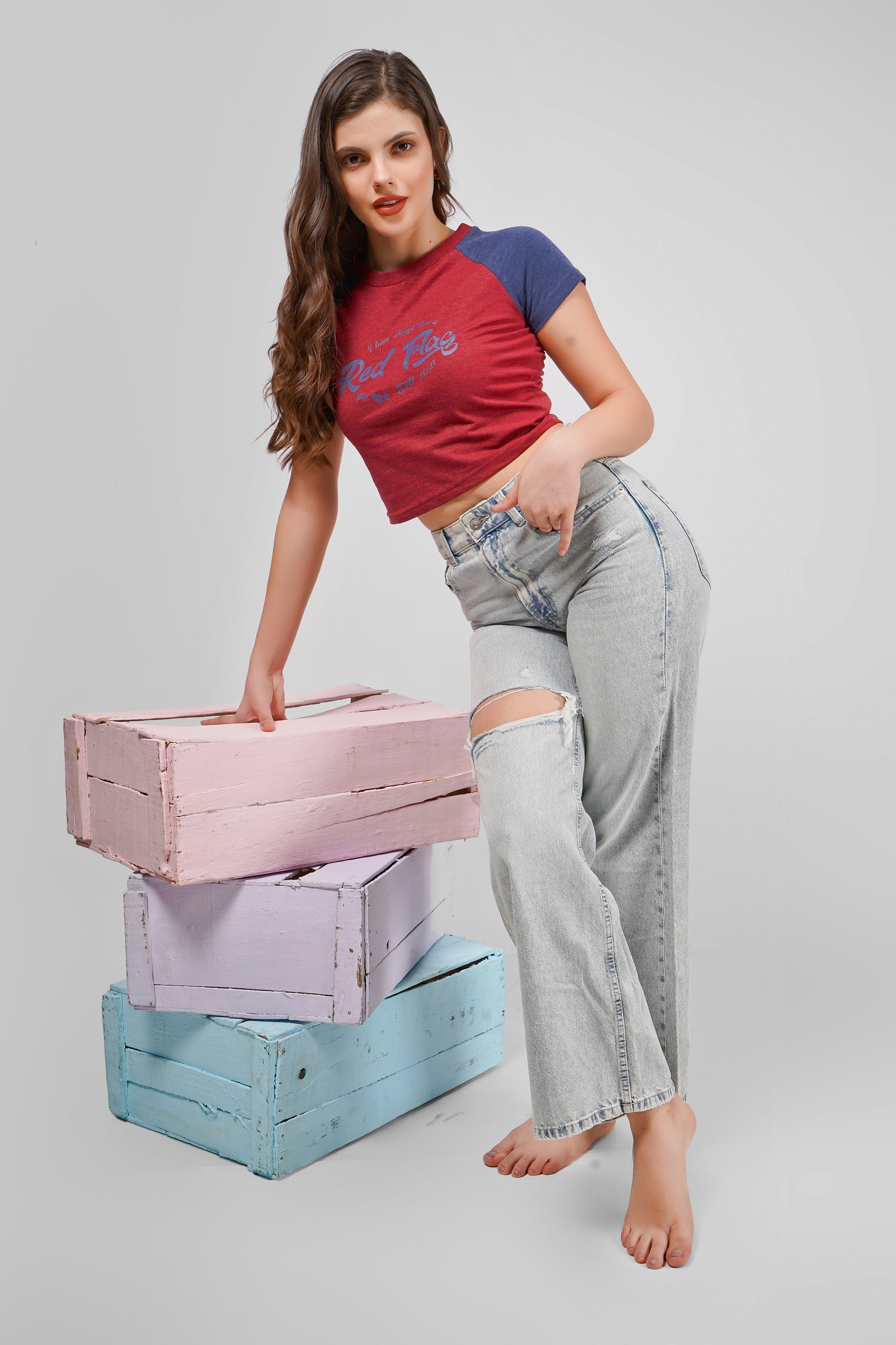 Raglan Crop T Shirt - Maroon and Navy