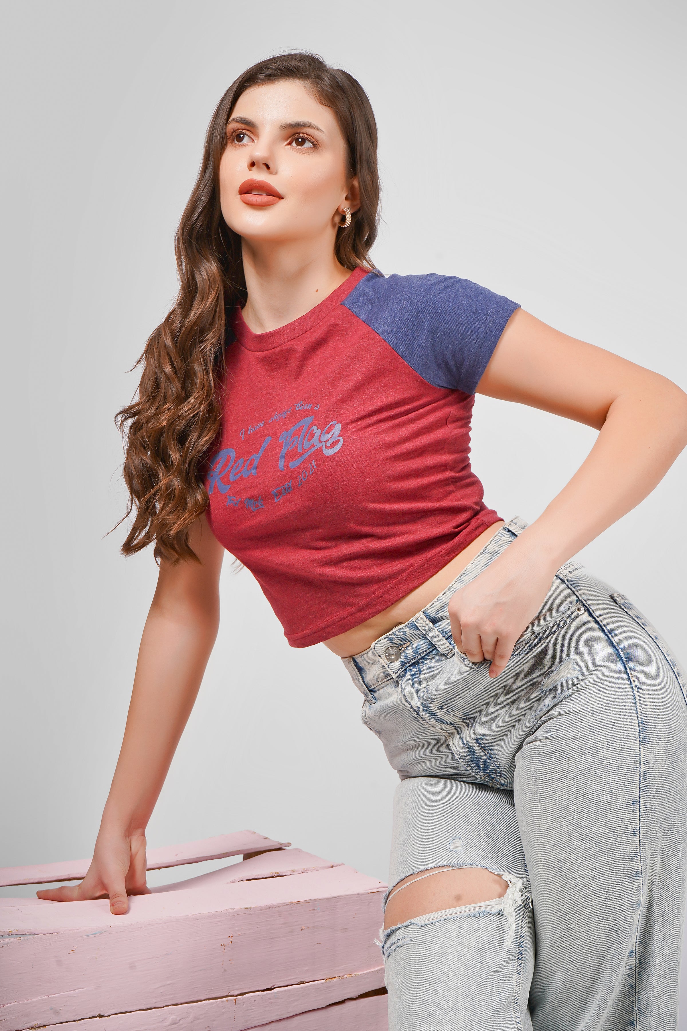 Raglan Crop T Shirt - Maroon and Navy