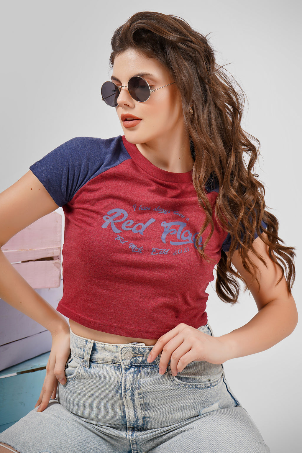 Raglan Crop T Shirt - Maroon and Navy