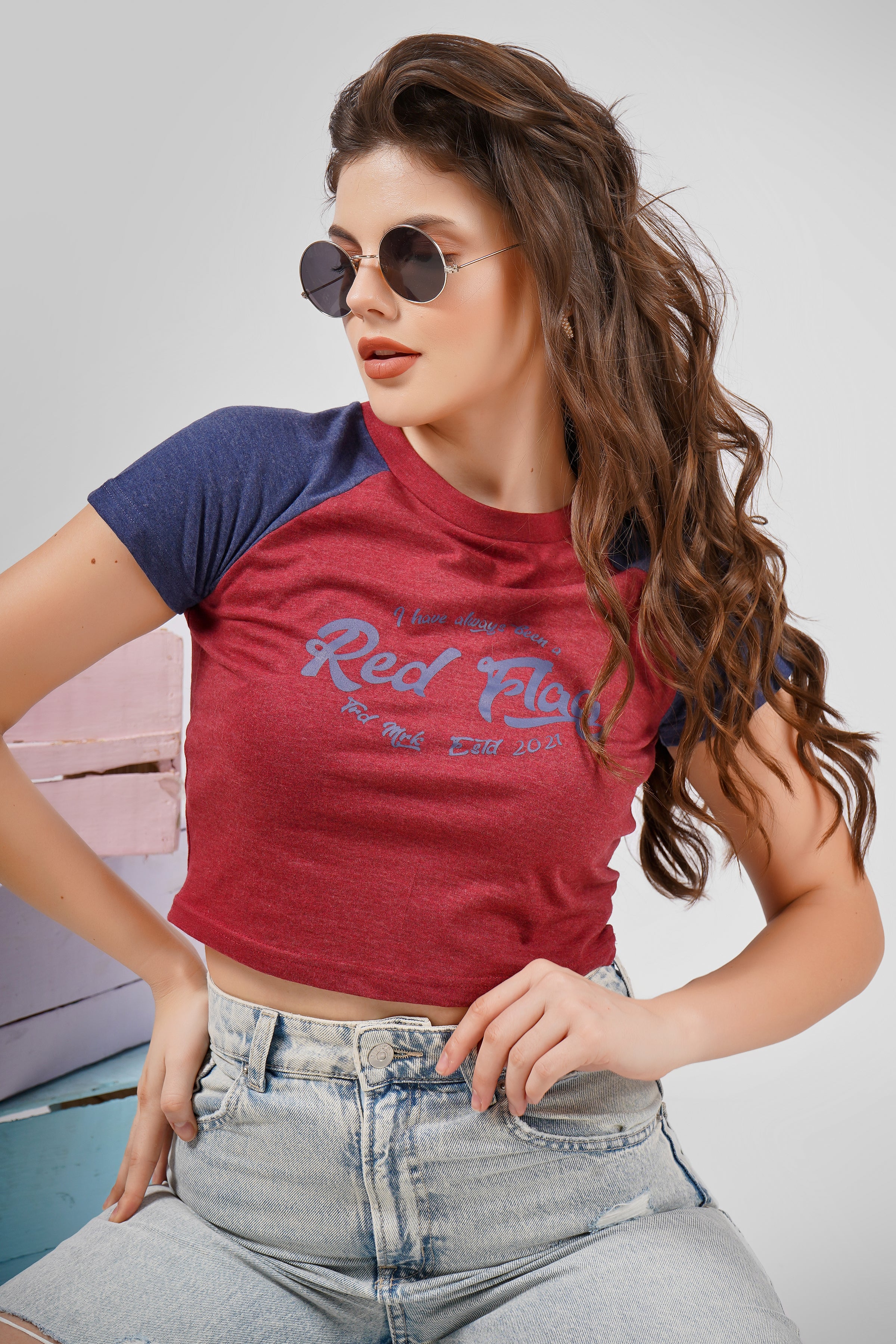 Raglan Crop T Shirt - Maroon and Navy