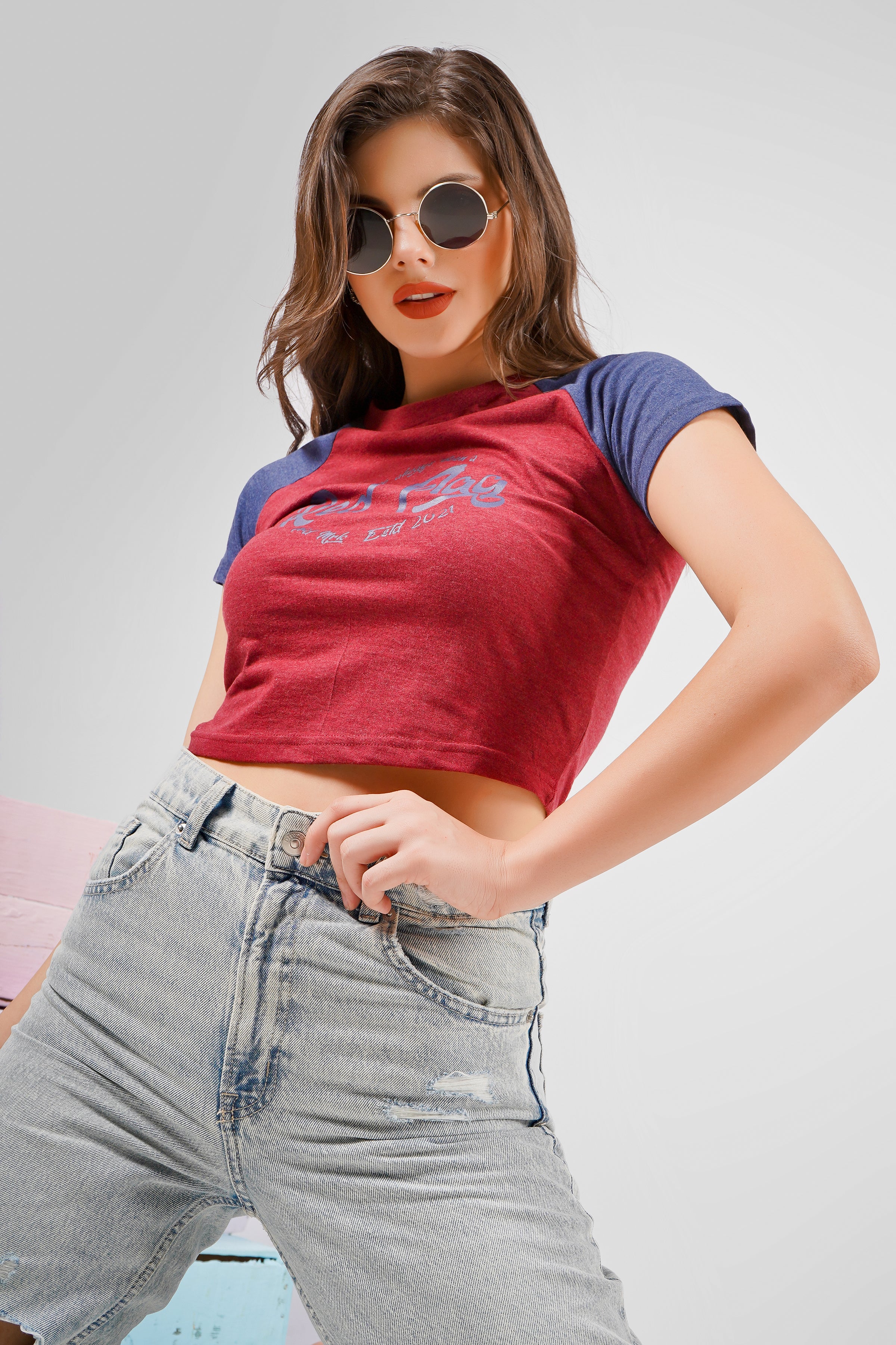 Raglan Crop T Shirt - Maroon and Navy