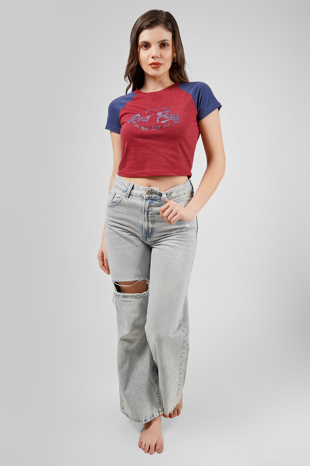 Raglan Crop T Shirt - Maroon and Navy