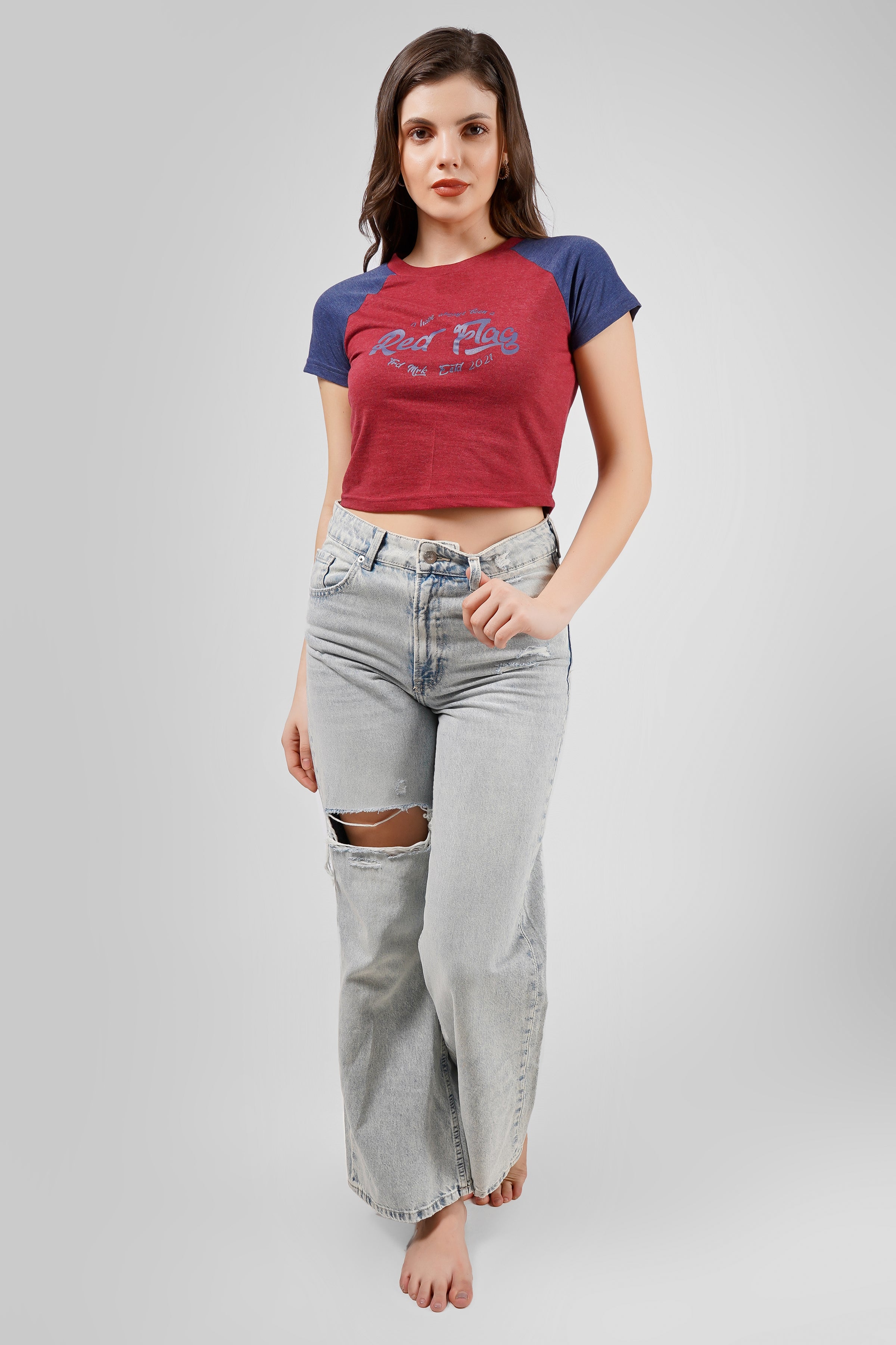 Raglan Crop T Shirt - Maroon and Navy
