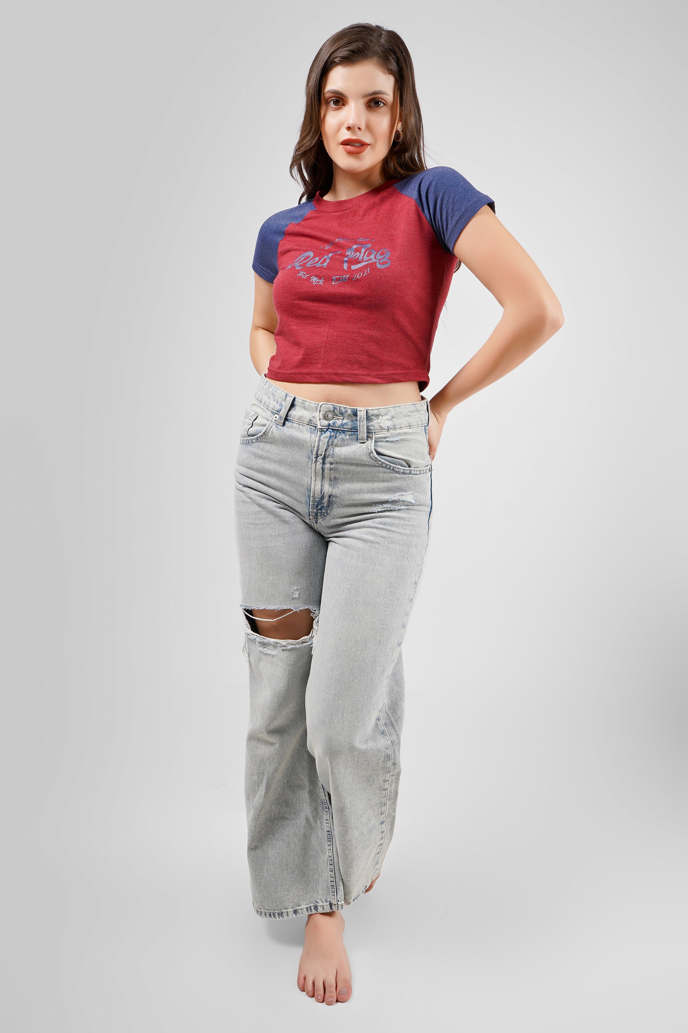 Raglan Crop T Shirt - Maroon and Navy