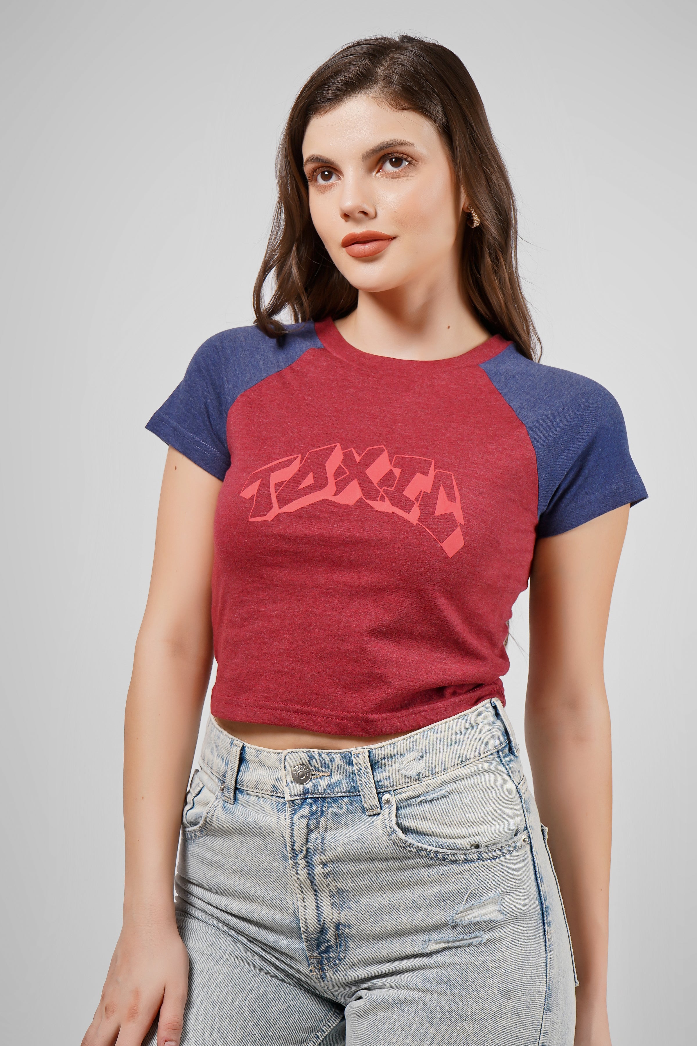 Toxic - Raglan Crop T Shirt - Maroon & Navy Blue