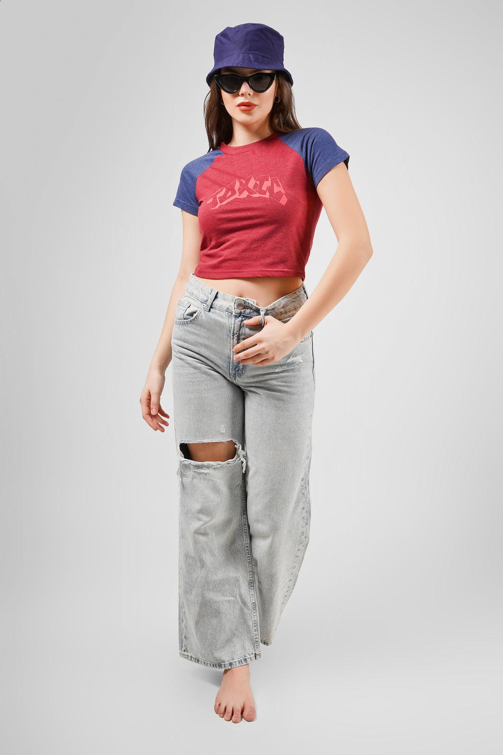 Toxic - Raglan Crop T Shirt - Maroon & Navy Blue