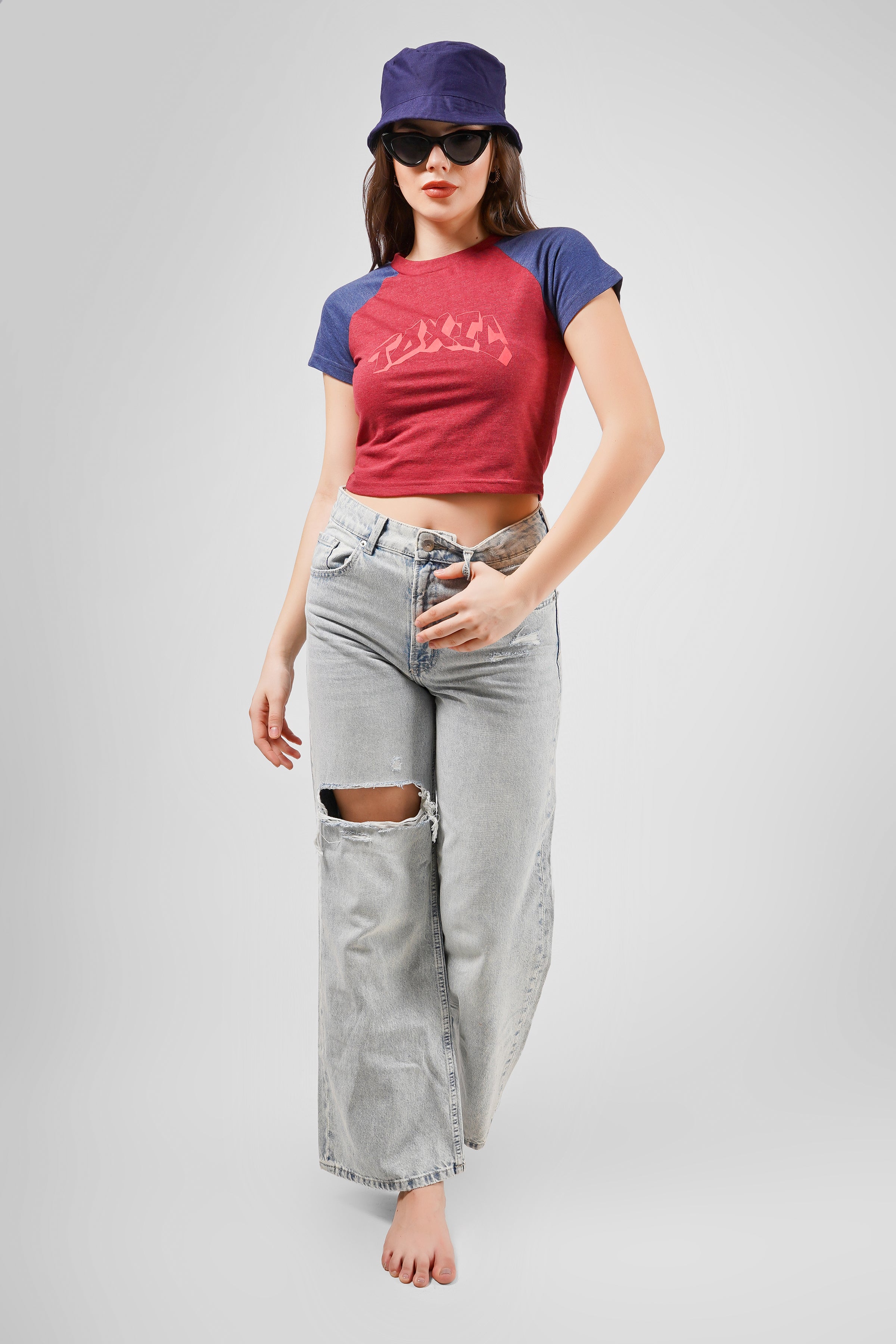 Toxic - Raglan Crop T Shirt - Maroon & Navy Blue