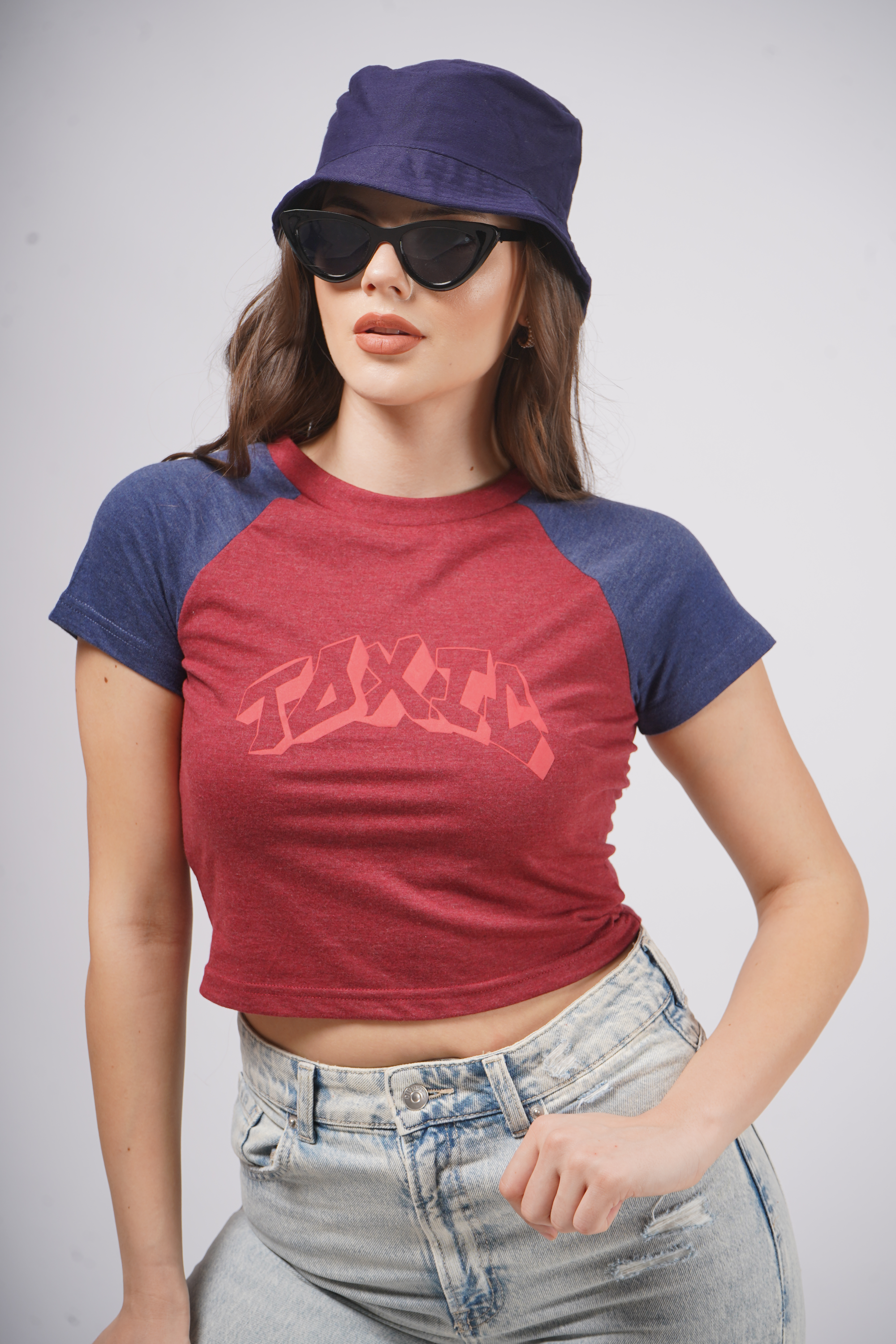 Toxic - Raglan Crop T Shirt - Maroon & Navy Blue