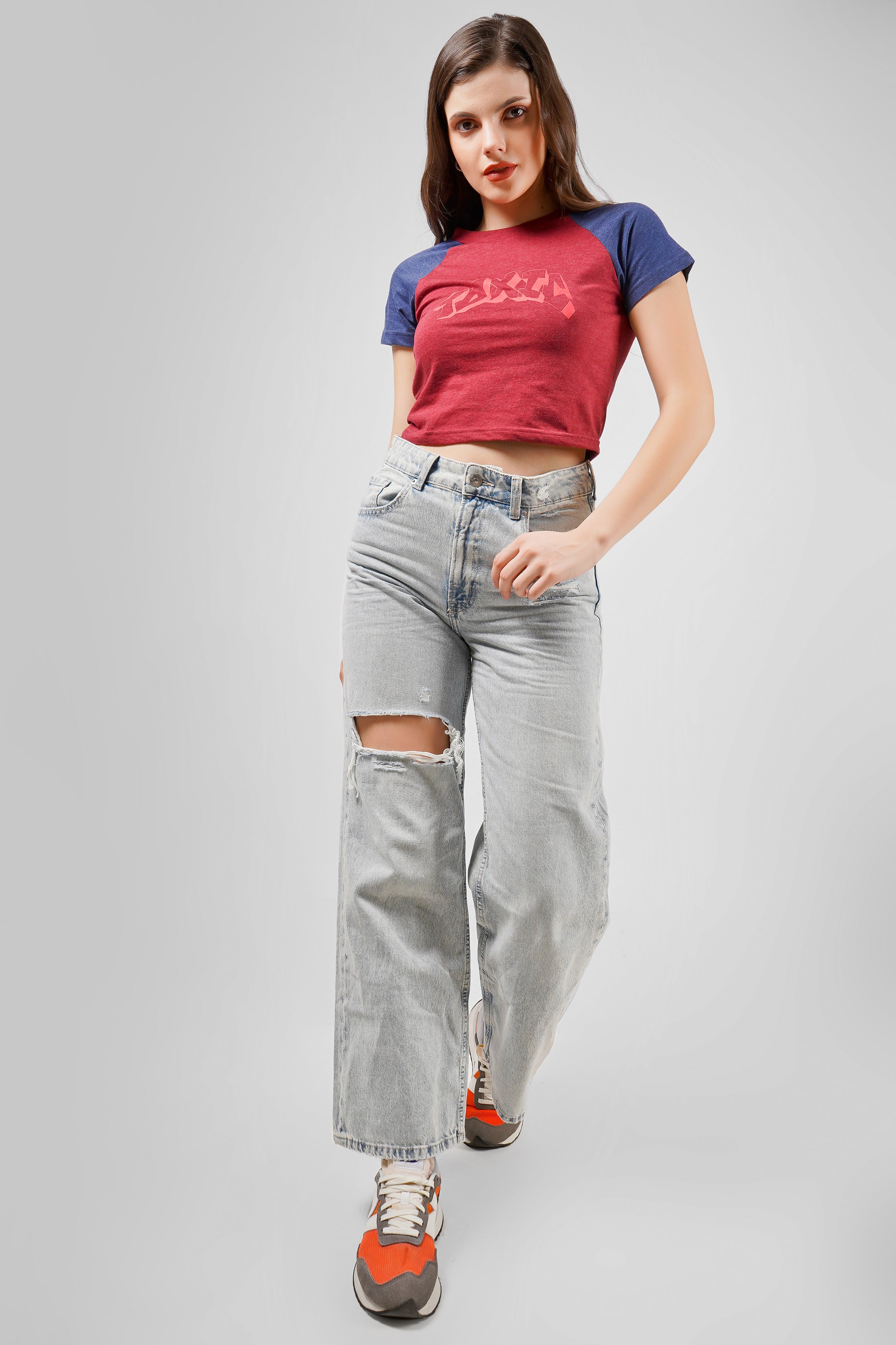 Toxic - Raglan Crop T Shirt - Maroon & Navy Blue