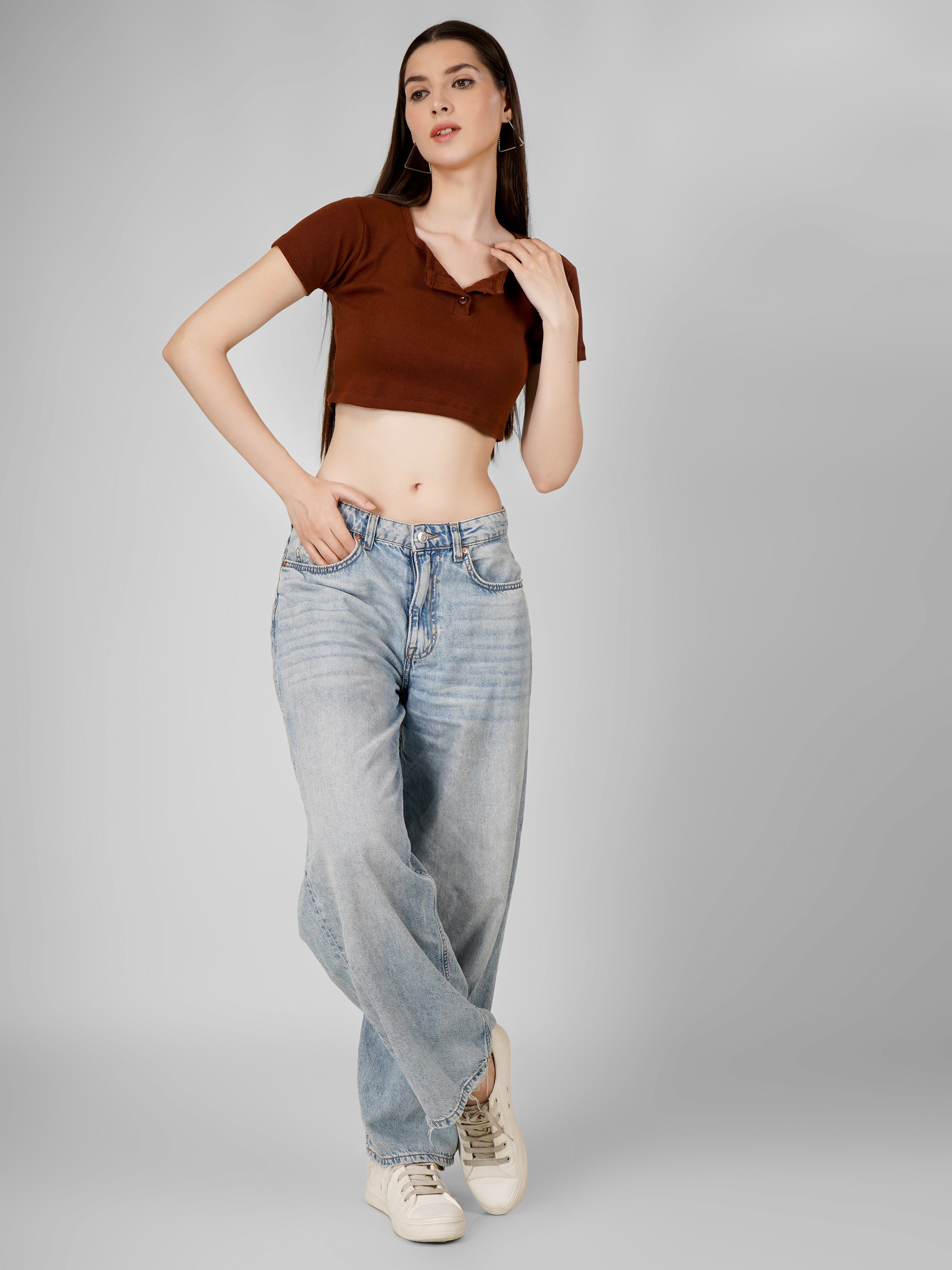 Buttoned Half Sleeve Crop Top - Chocolate Brown