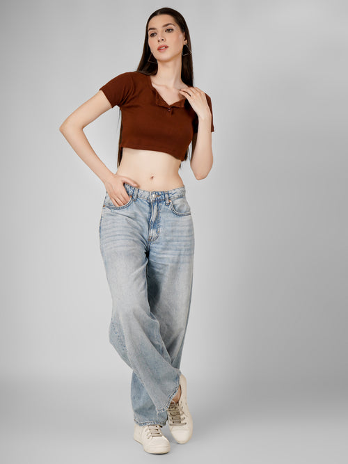 Buttoned Half Sleeve Crop Top - Chocolate Brown