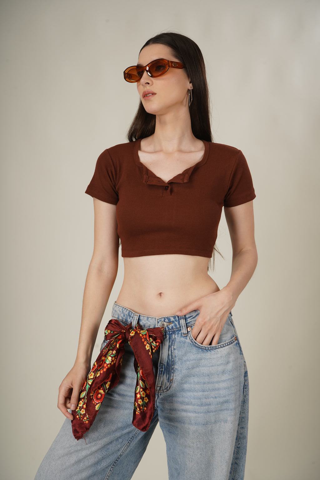 Buttoned Half Sleeve Crop Top - Chocolate Brown