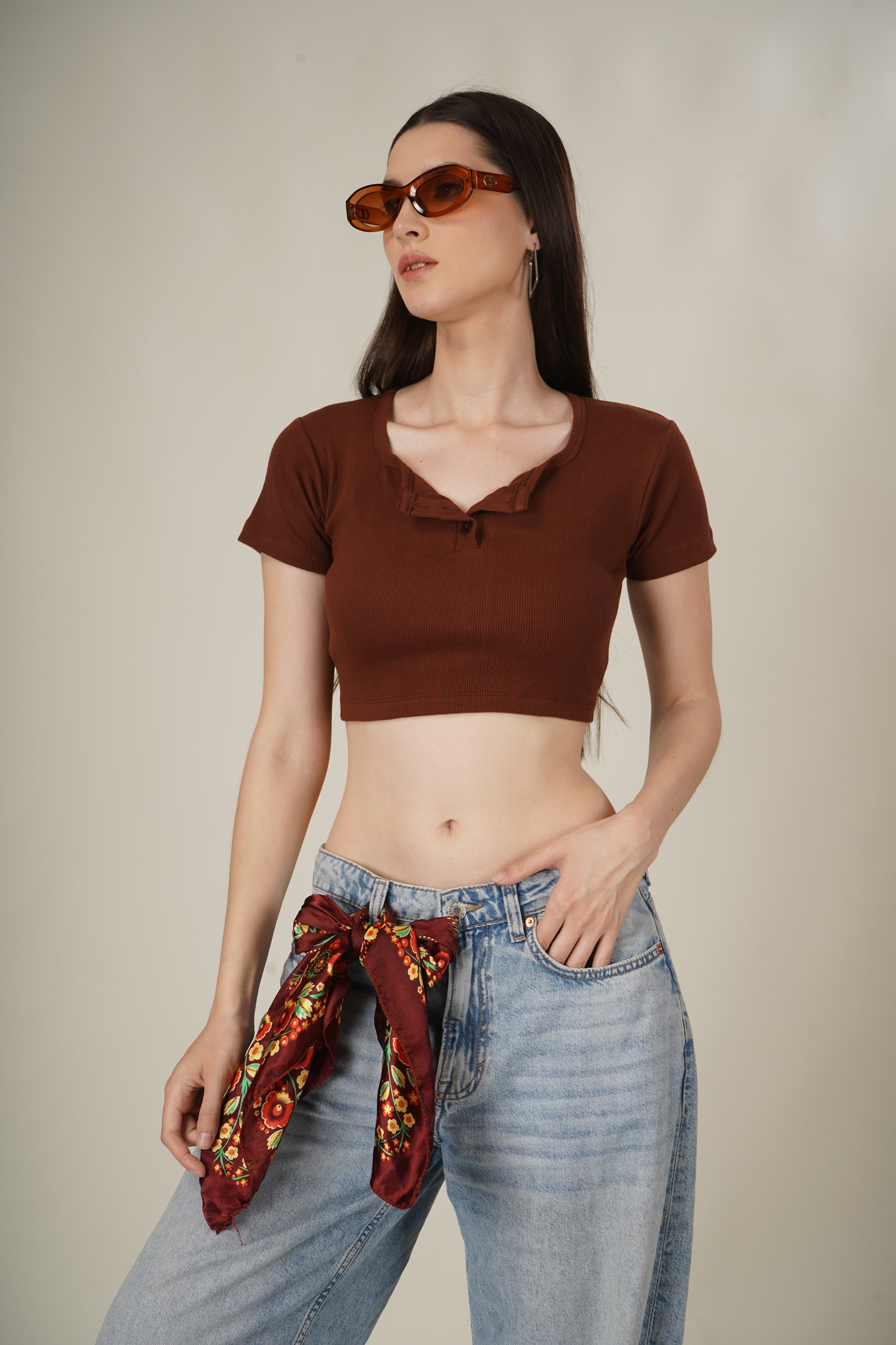 Buttoned Half Sleeve Crop Top - Chocolate Brown