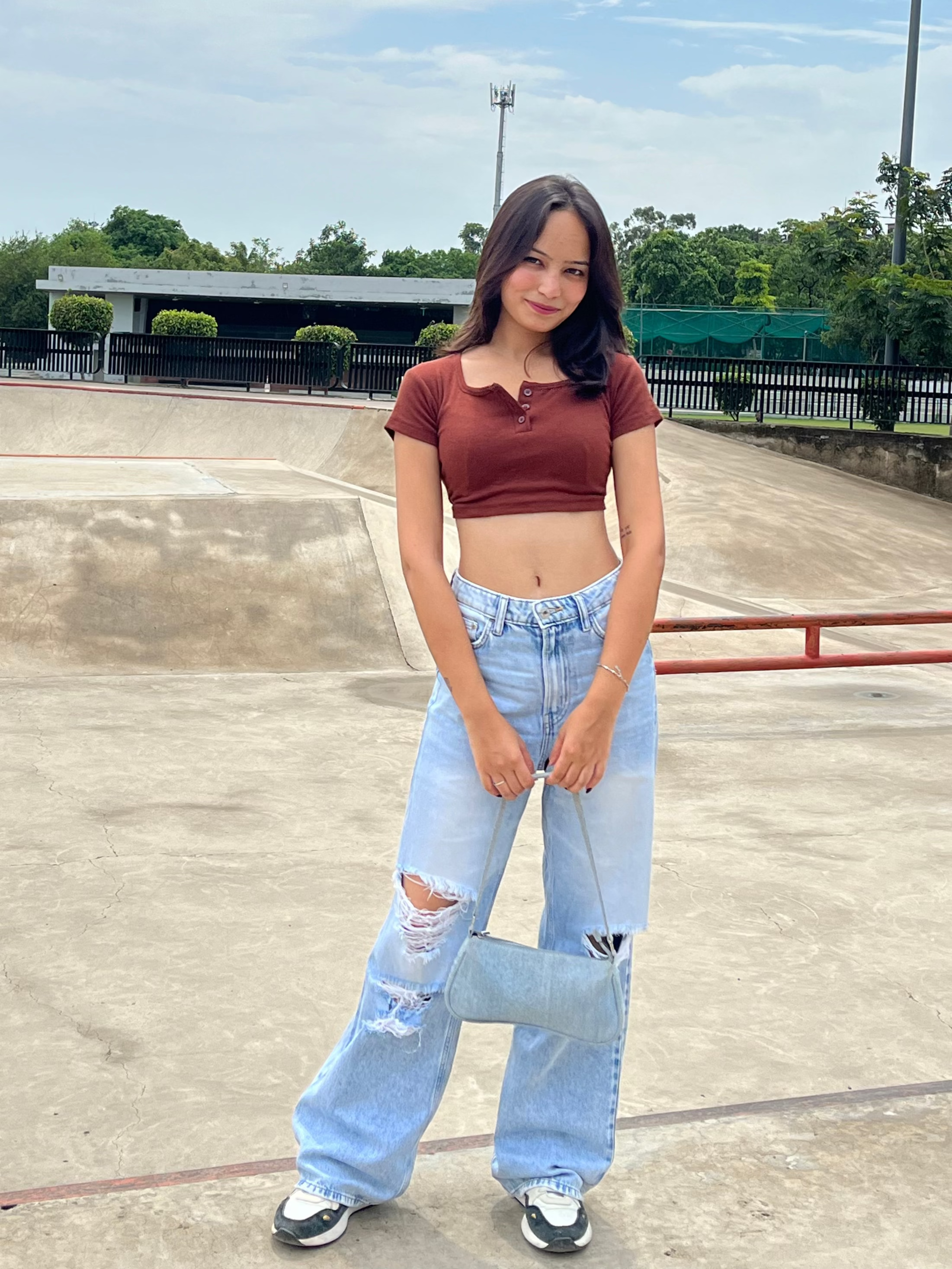 Buttoned Half Sleeve Crop Top - Chocolate Brown