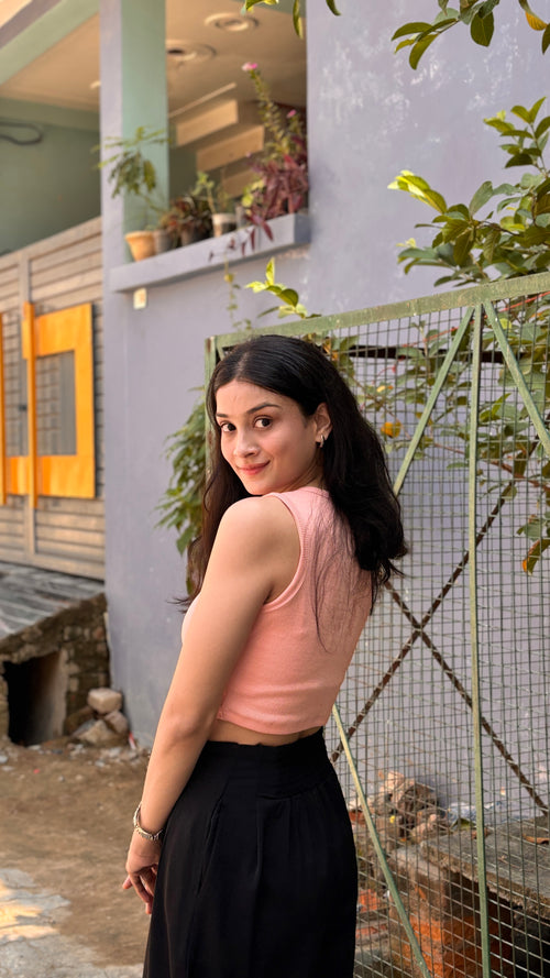 Buttoned Sleeveless Ribbed Crop Top - Peach