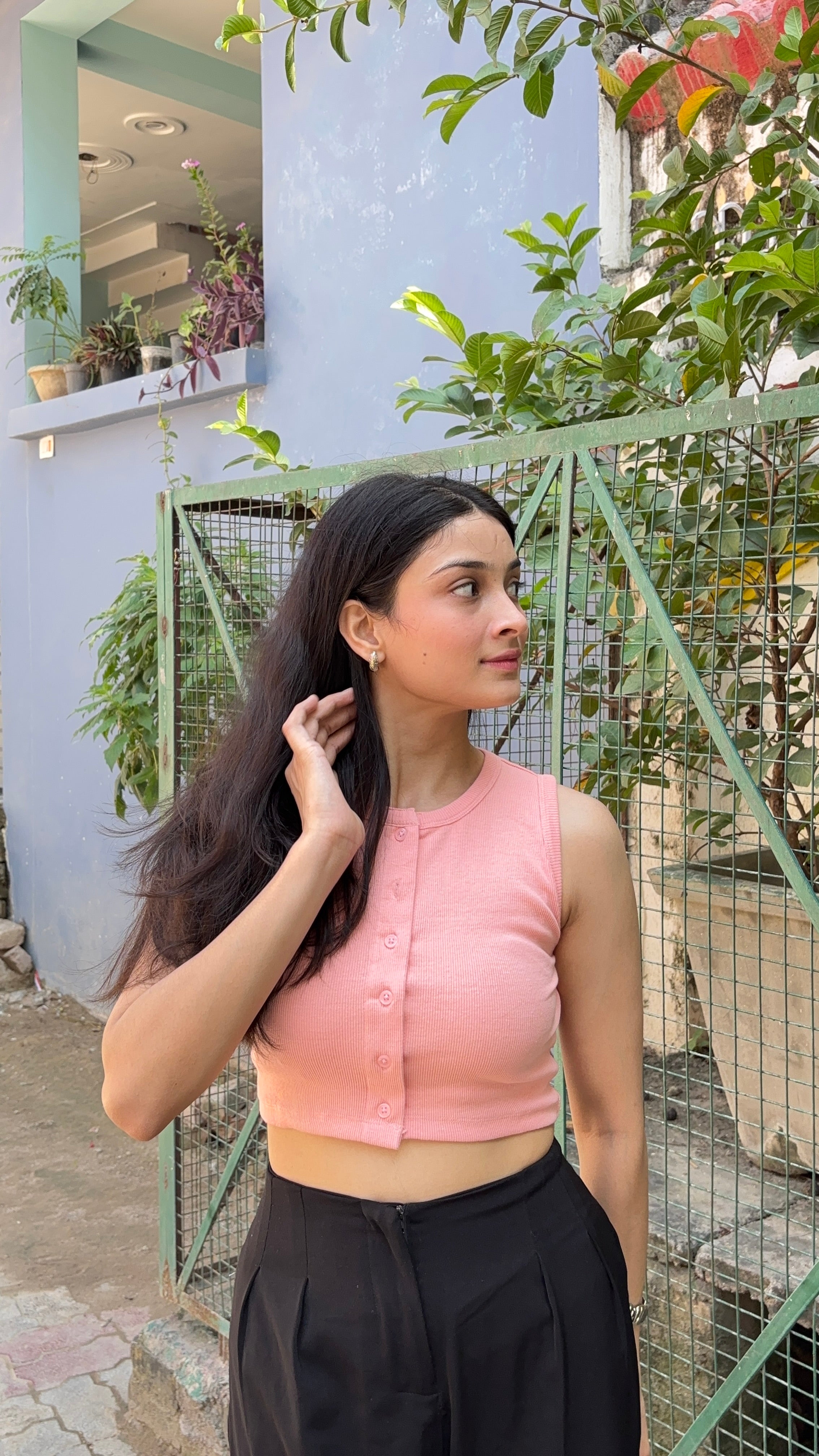 Buttoned Sleeveless Ribbed Crop Top - Peach