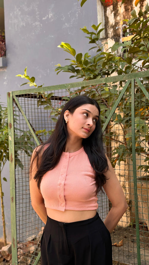 Buttoned Sleeveless Ribbed Crop Top - Peach